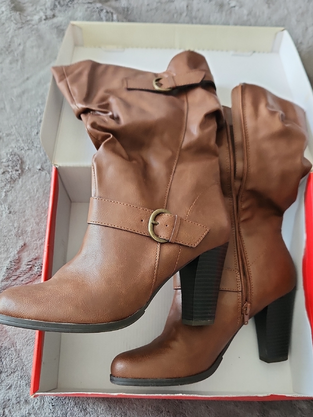 Women’s Brown Mid-Calf Heeled Boots with Buckle